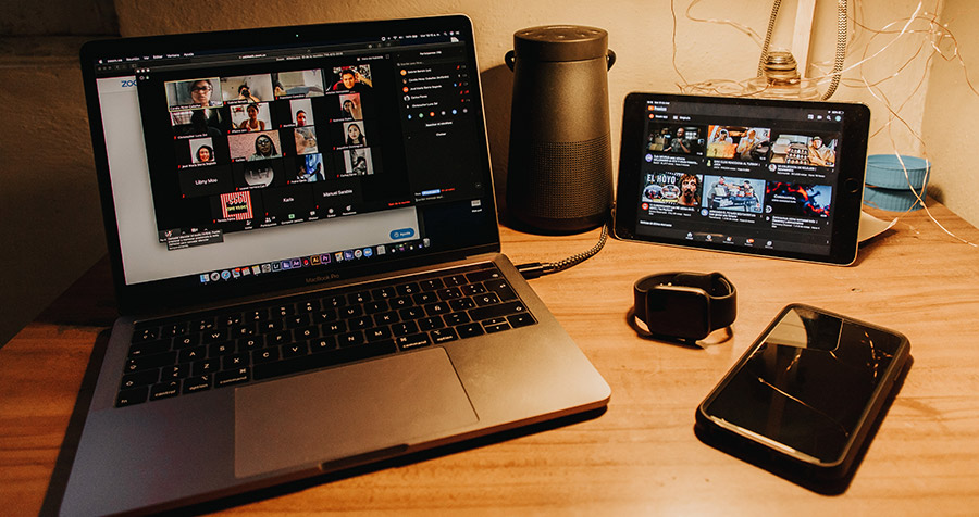 Screens showing video conferencing